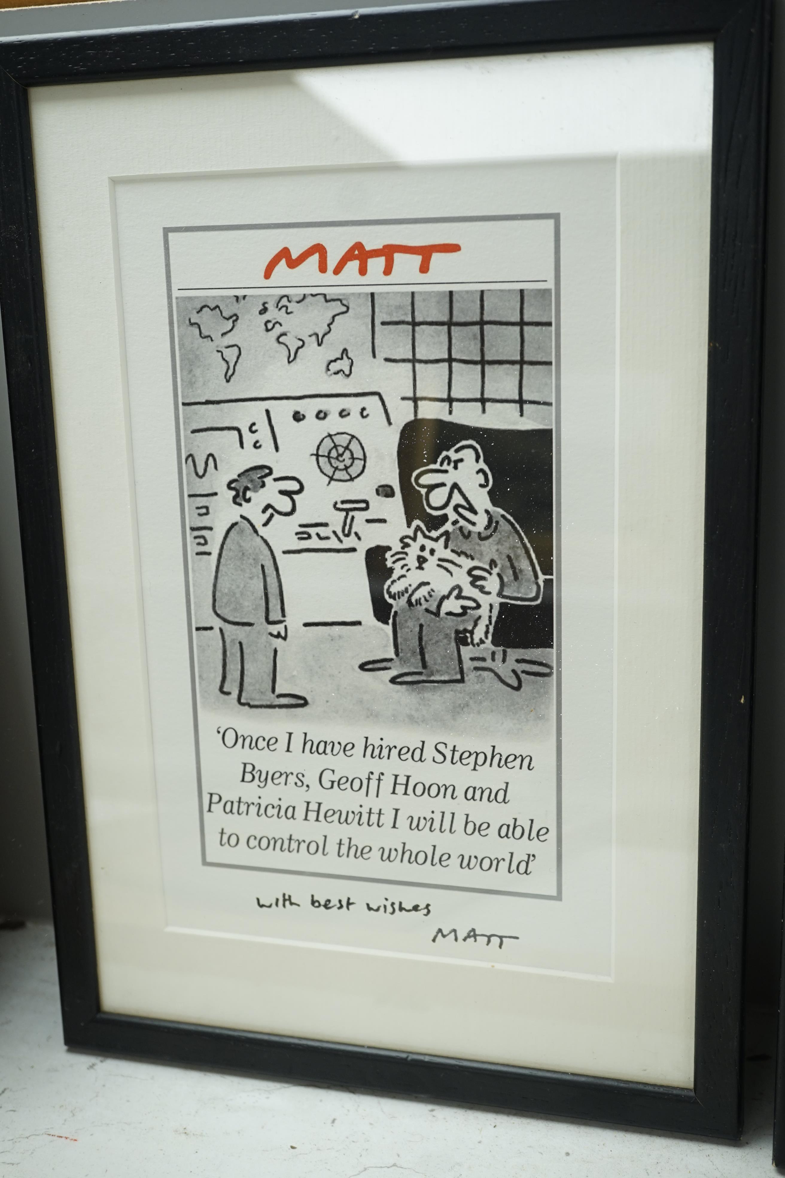 Hector Breeze (1928-2018), pen and ink, Original cartoon 'Do not break the chain', signed, 12 x 25cm, with two prints signed by Matt (Matthew Pritchett)